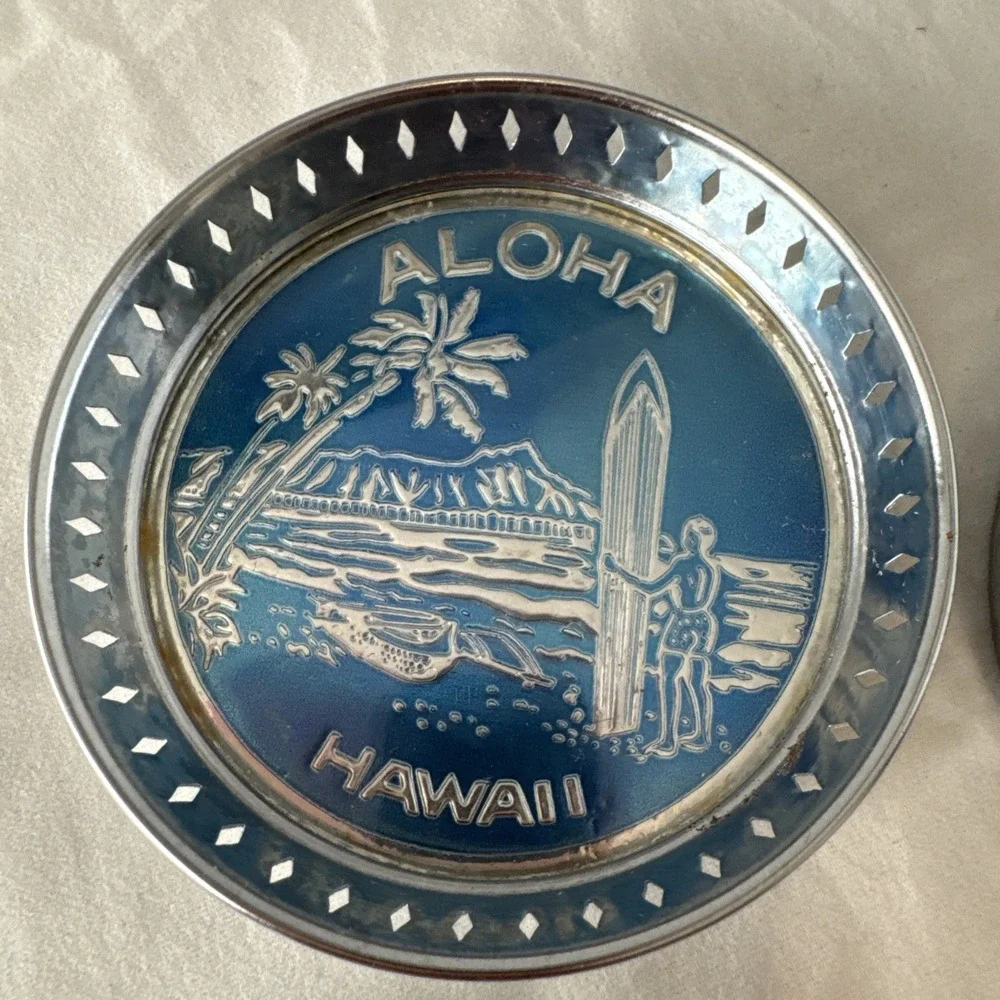 Vintage Hawaii Aloha Tin Metal Coasters Surfer Tiki Bar Man‎ Cave 3